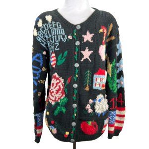 Eagles Eye Cardigan Sweater Small Allover Teacher School Vintage 90s Hand Knit